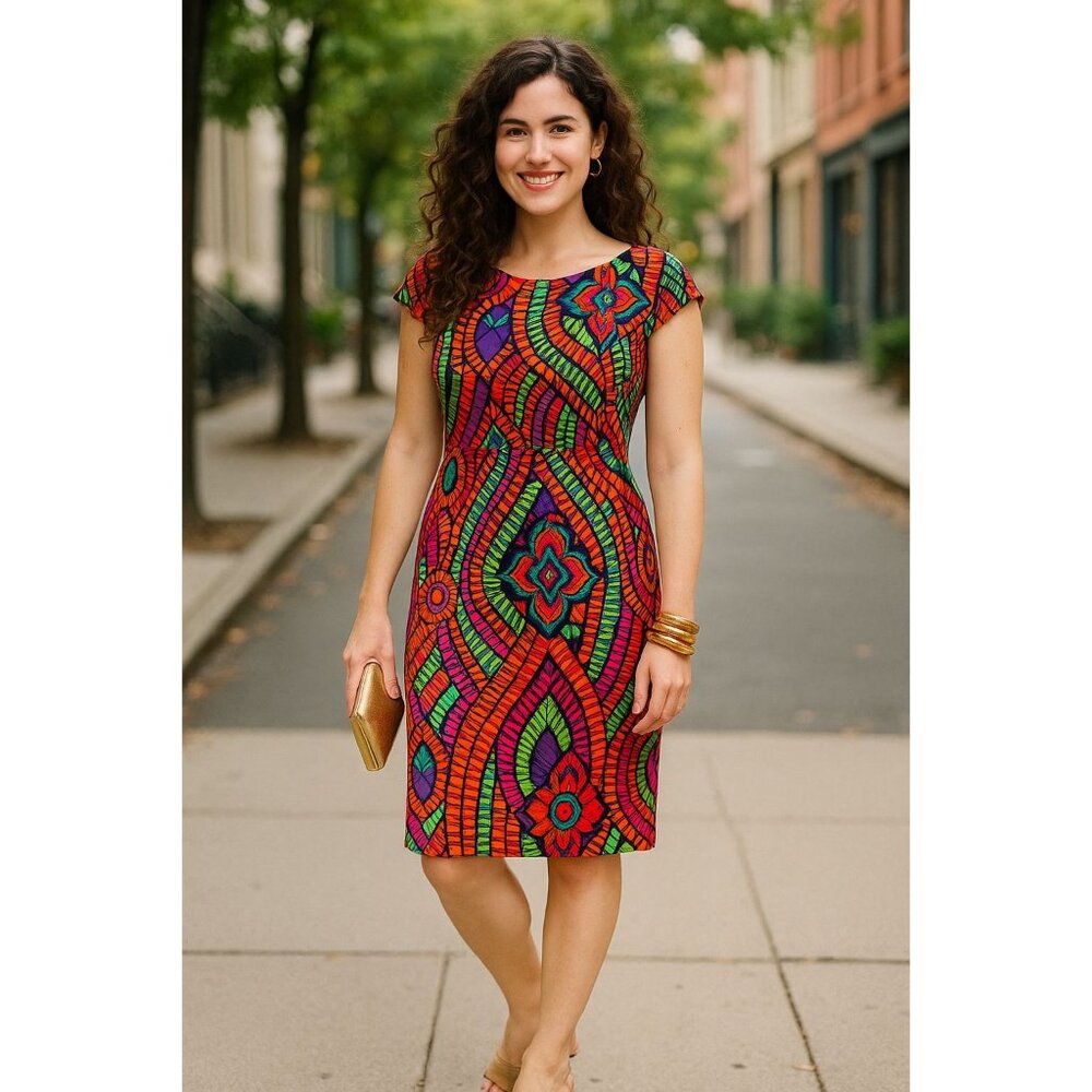 AGB Dress Multicolor Geometric Tribal Print Sheath Dress Size 12 Lined - Picture 1 of 16
